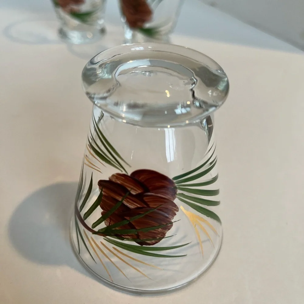 Rare Vintage Cocktail Shaker and Six Glasses Hand-painted Pine and Pinecones